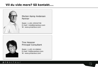 Morten Kamp Andersen
Partner
Mobil: (+45) 25532739
E-mail: mka@proacteur.com
W: www.proacteur.com
Tine Hessner
Principal Consultant
Mobil: (+45) 41196041
E-mail: th@proacteur.com
W: www.proacteur.com
Vil du vide mere? Så kontakt….
 