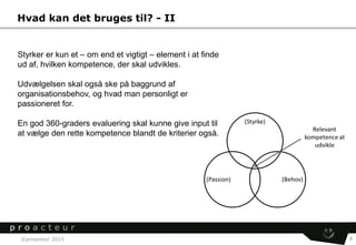 ©proacteur 2015 8
Hvad kan det bruges til? - II
Styrker er kun et – om end et vigtigt – element i at finde
ud af, hvilken kompetence, der skal udvikles.
Udvælgelsen skal også ske på baggrund af
organisationsbehov, og hvad man personligt er
passioneret for.
En god 360-graders evaluering skal kunne give input til
at vælge den rette kompetence blandt de kriterier også.
 