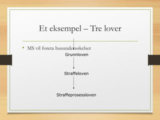Et eksempel – Tre lover
• MS vil foreta husundersøkelser
Grunnloven
Straffeloven
Straffeprosessloven
 