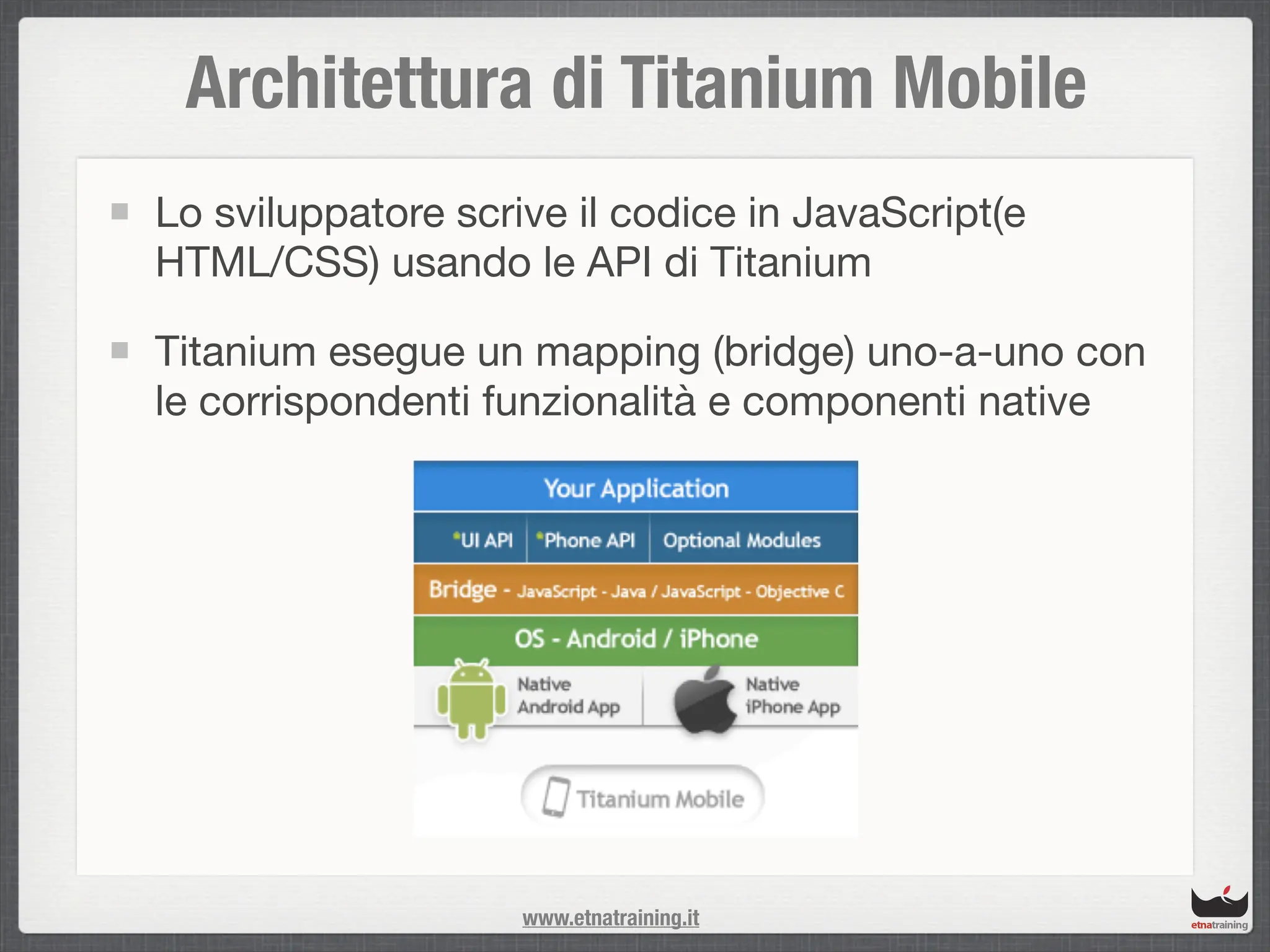 Architettura di Titanium Mobile
Lo sviluppatore scrive il codice in JavaScript(e
HTML/CSS) usando le API di Titanium

Titanium esegue un mapping (bridge) uno-a-uno con
le corrispondenti funzionalità e componenti native




                    www.etnatraining.it
 