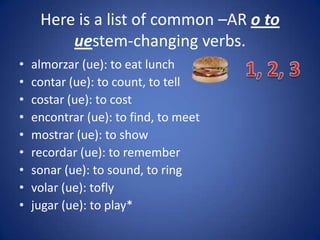 Here is a list of common –AR o to
         uestem-changing verbs.
•   almorzar (ue): to eat lunch
•   contar (ue): to count, to tell
•   costar (ue): to cost
•   encontrar (ue): to find, to meet
•   mostrar (ue): to show
•   recordar (ue): to remember
•   sonar (ue): to sound, to ring
•   volar (ue): tofly
•   jugar (ue): to play*
 