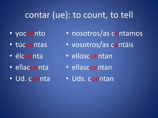 contar (ue): to count, to tell
•   yocuento     •   nosotros/as contamos
•   túcuentas    •   vosotros/as contáis
•   élcuenta     •   elloscuentan
•   ellacuenta   •   ellascuentan
•   Ud. cuenta   •   Uds. cuentan
 