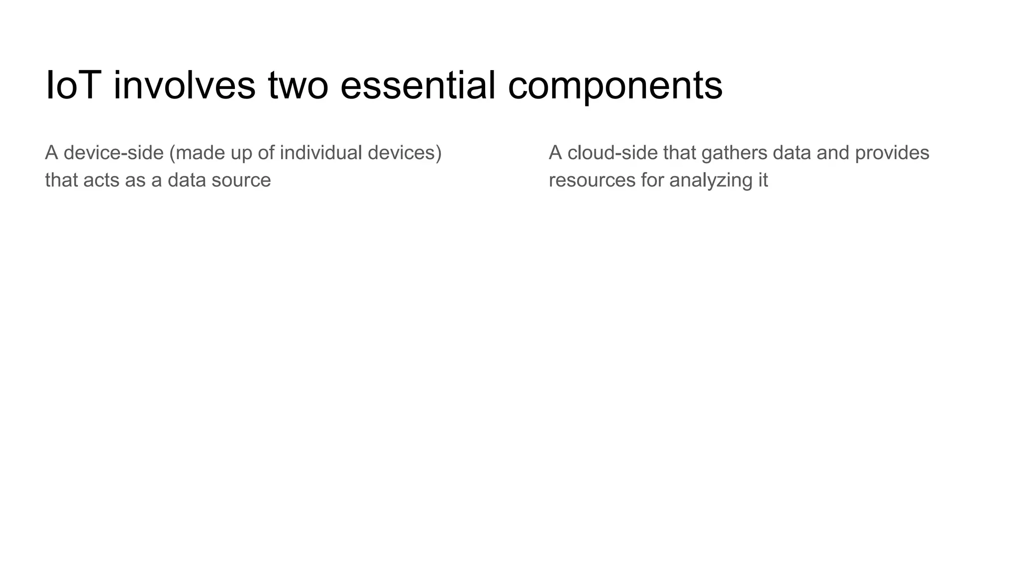IoT involves two essential components
A device-side (made up of individual devices)
that acts as a data source
A cloud-side that gathers data and provides
resources for analyzing it
 