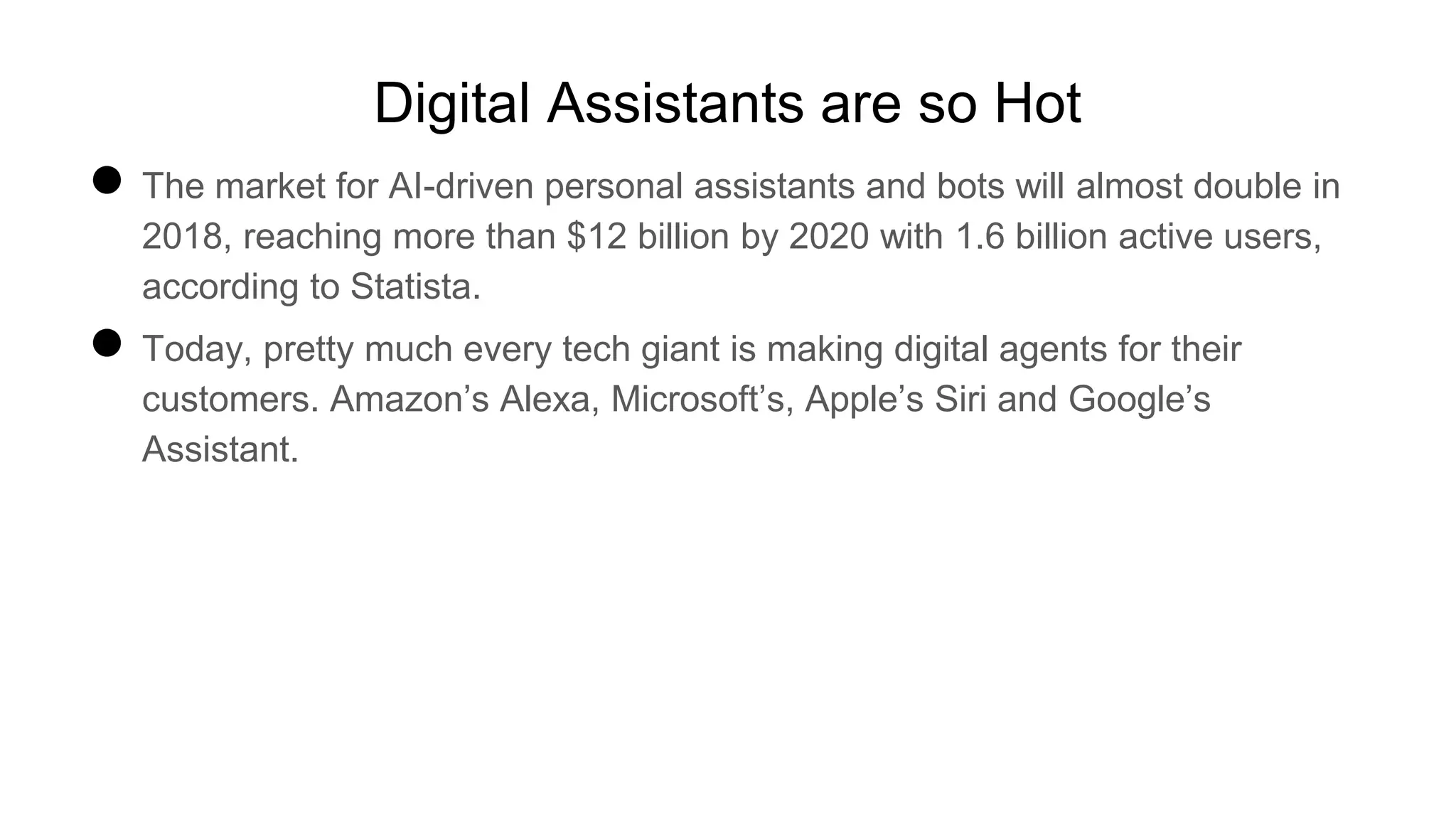 Digital Assistants are so Hot
● The market for AI-driven personal assistants and bots will almost double in
2018, reaching more than $12 billion by 2020 with 1.6 billion active users,
according to Statista.
● Today, pretty much every tech giant is making digital agents for their
customers. Amazon’s Alexa, Microsoft’s, Apple’s Siri and Google’s
Assistant.
 
