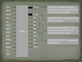 DATABUS -transfers the data
between the microprocessor and
its memory & I/O system.
ADDRESS BUS – address an of the
Memory location.
BANK ENABLE SIGNALS –The
size Of the data is find by the
active bank enable signals.
ADDRESS STATUS – indicate the
Valid address.
 