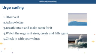 EMOTIONS (AND URGES)
Urge surfing
1.Observe it
2.Acknowledge
3.Breath into it and make room for it
4.Watch the urge as it rises, crests and falls again
5.Check in with your values
 