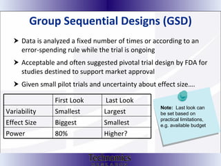 Group Sequential Designs (GSD) Data is analyzed a fixed number of times or according to an error-spending rule while the trial is ongoing Acceptable and often suggested pivotal trial design by FDA for studies destined to support market approval Given small pilot trials and uncertainty about effect size…. Note:  Last look can be set based on practical limitations, e.g. available budget First Look Last Look Variability Smallest Largest Effect Size Biggest Smallest Power 80% Higher? 
