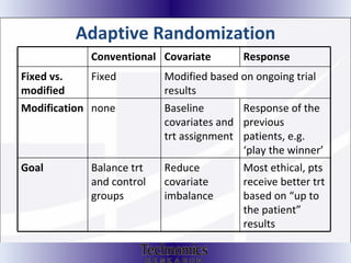 Adaptive Randomization  Conventional Covariate Response Fixed vs. modified Fixed Modified based on ongoing trial results Modification none Baseline covariates and trt assignment Response of the previous patients, e.g. ‘play the winner’ Goal Balance trt and control groups Reduce covariate imbalance Most ethical, pts receive better trt based on “up to the patient” results 