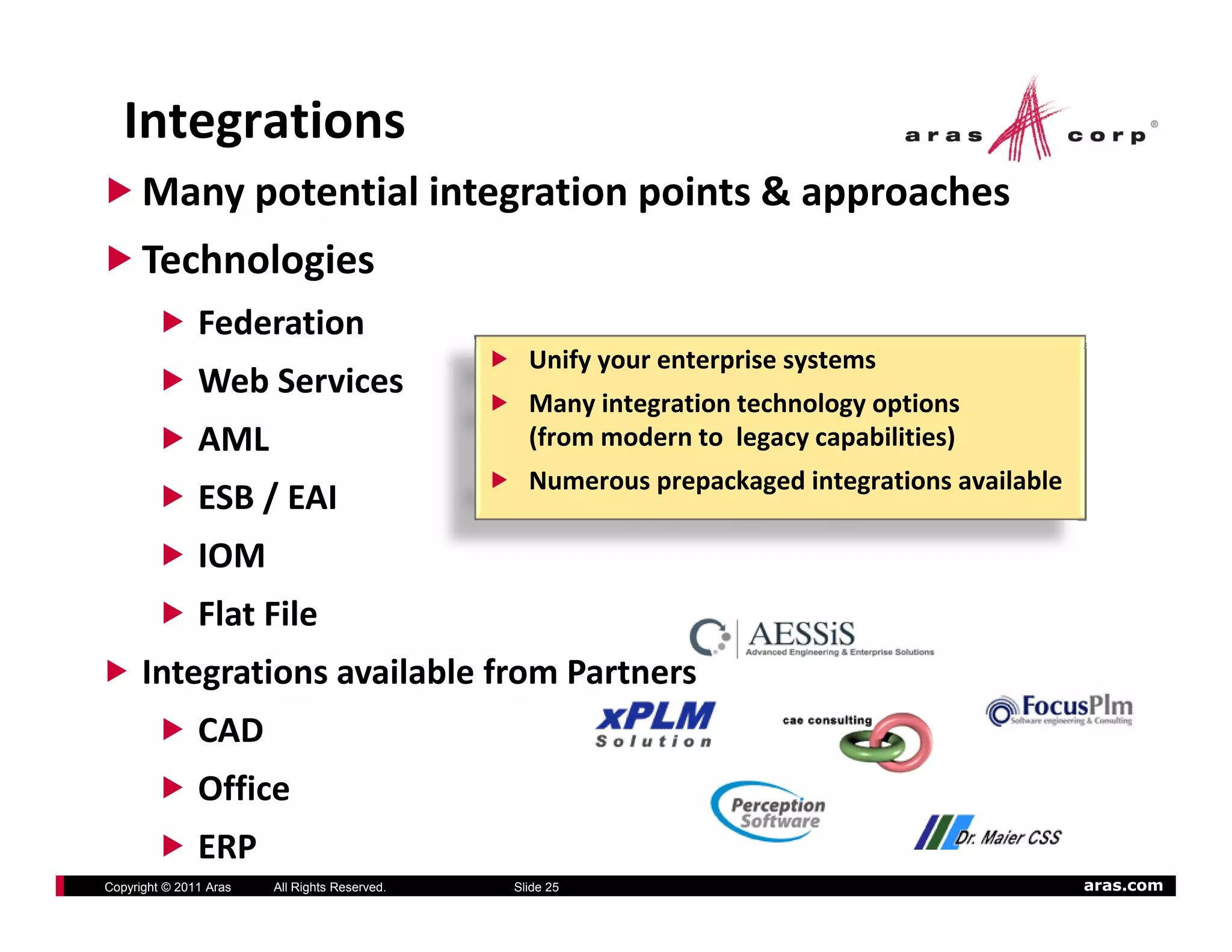 Integrations
      Many potential integration points & approaches
                   l                             h
      Technologies
               Federation
                                                 Unify your enterprise systems
               Web Services
                                                 Many integration technology options
                                                     y    g                gy p
               AML                               (from modern to  legacy capabilities)
                                                 Numerous prepackaged integrations available
               ESB / EAI
               IOM
               Flat File
      Integrations available from Partners
               CAD
               Office
                ffi
               ERP
Copyright © 2011 Aras   All Rights Reserved.   Slide 25                                        aras.com
 