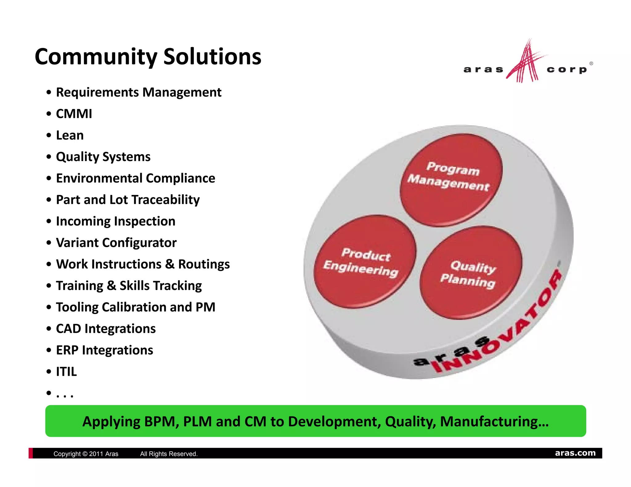 Community Solutions
• Requirements Management
  Requirements Management
• CMMI
• Lean
• Quality Systems
        l
• Environmental Compliance
• Part and Lot Traceability
• Incoming Inspection
• Variant Configurator
• Work Instructions & Routings
• Training & Skills Tracking
• Tooling Calibration and PM 
• CAD Integrations
           g
• ERP Integrations
• ITIL
•...
  . . .

          Applying BPM, PLM and CM to Development, Quality, Manufacturing…
 Copyright © 2011 Aras   All Rights Reserved.                                aras.com
 