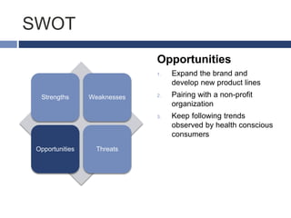 SWOT
Strengths Weaknesses
Opportunities Threats
Opportunities
1. Expand the brand and
develop new product lines
2. Pairing with a non-profit
organization
3. Keep following trends
observed by health conscious
consumers
 