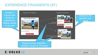 #evolve19 29
EXPERIENCE FRAGMENTS (XF)
Content +
Layout that
forms an
experience.
Makes sense
on its own
Variations for
sp...