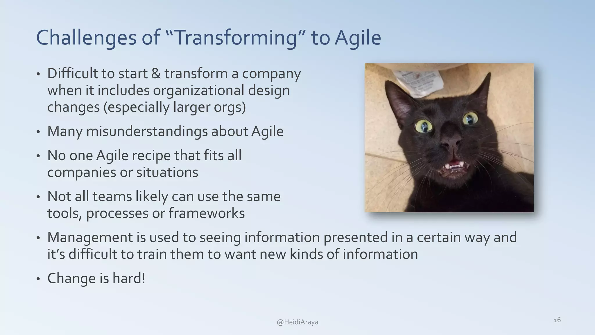 Challenges of “Transforming” to Agile
• Difficult to start & transform a company
when it includes organizational design
changes (especially larger orgs)
• Many misunderstandings about Agile
• No one Agile recipe that fits all
companies or situations
• Not all teams likely can use the same
tools, processes or frameworks
• Management is used to seeing information presented in a certain way and
it’s difficult to train them to want new kinds of information
• Change is hard!
16@HeidiAraya
 