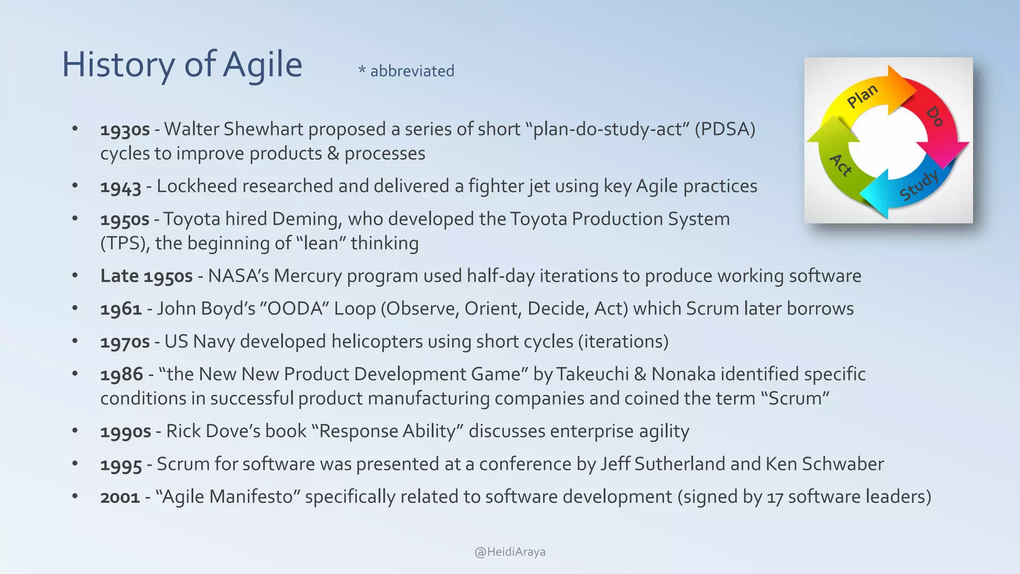 History of Agile * abbreviated
• 1930s -Walter Shewhart proposed a series of short “plan-do-study-act” (PDSA)
cycles to improve products & processes
• 1943 - Lockheed researched and delivered a fighter jet using key Agile practices
• 1950s -Toyota hired Deming, who developed theToyota Production System
(TPS), the beginning of “lean” thinking
• Late 1950s - NASA’s Mercury program used half-day iterations to produce working software
• 1961 - John Boyd’s ”OODA” Loop (Observe, Orient, Decide, Act) which Scrum later borrows
• 1970s - US Navy developed helicopters using short cycles (iterations)
• 1986 - “the New New Product Development Game” byTakeuchi & Nonaka identified specific
conditions in successful product manufacturing companies and coined the term “Scrum”
• 1990s - Rick Dove’s book “Response Ability” discusses enterprise agility
• 1995 - Scrum for software was presented at a conference by Jeff Sutherland and Ken Schwaber
• 2001 - “Agile Manifesto” specifically related to software development (signed by 17 software leaders)
@HeidiAraya
 