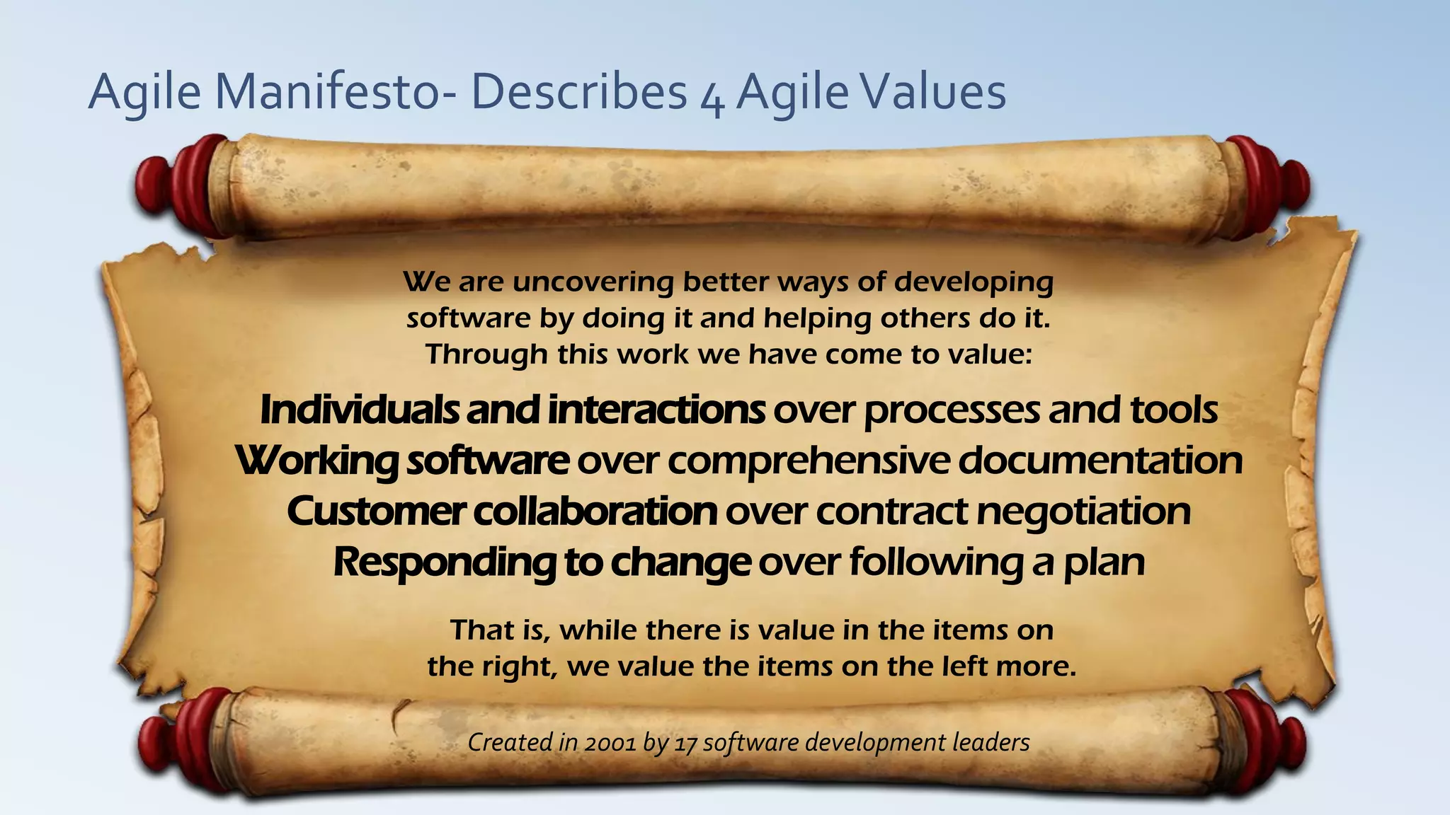 Agile Manifesto- Describes 4 AgileValues
Individualsandinteractionsover processes and tools
Workingsoftwareover comprehensivedocumentation
Customercollaborationover contract negotiation
Respondingto changeover followinga plan
We are uncovering better ways of developing
software by doing it and helping others do it.
Through this work we have come to value:
That is, while there is value in the items on
the right, we value the items on the left more.
Created in 2001 by 17 software development leaders
 