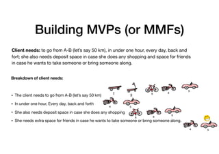 Building MVPs (or MMFs)
Breakdown of client needs:
• The client needs to go from A-B (let’s say 50 km) 

• In under one hour, Every day, back and forth

• She also needs deposit space in case she does any shopping 

• She needs extra space for friends in case he wants to take someone or bring someone along.
Client needs: to go from A-B (let’s say 50 km), in under one hour, every day, back and
fort; she also needs deposit space in case she does any shopping and space for friends
in case he wants to take someone or bring someone along.
 