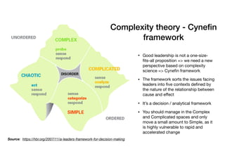 • Good leadership is not a one-size-
ﬁts-all proposition => we need a new
perspective based on complexity
science => Cyneﬁn framework

• The framework sorts the issues facing
leaders into ﬁve contexts deﬁned by
the nature of the relationship between
cause and eﬀect

• It’s a decision / analytical framework

• You should manage in the Complex
and Complicated spaces and only
move a small amount to Simple, as it
is highly vulnerable to rapid and
accelerated change
Complexity theory - Cyneﬁn
framework
Source: https://hbr.org/2007/11/a-leaders-framework-for-decision-making
 