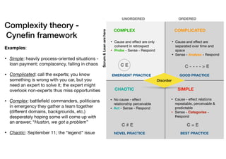 Complexity theory -
Cyneﬁn framework
COMPLICATEDCOMPLEX
CHAOTIC SIMPLE
Disorder
• Cause and eﬀect are only
coherent in retrospect

• Probe - Sense - Respond
C E
• Cause and eﬀect are
separated over time and
space

• Sense - Analyse - Respond
C - - - - > E
• No cause - eﬀect
relationship perceivable

• Act - Sense - Respond
C # E
• Cause - eﬀect relations
repeatable, perceivable &
predictable

• Sense - Categorise -
Respond
C = E
UNORDERED ORDERED
Examples:

• Simple: heavily process-oriented situations -
loan payment; complacency, falling in chaos 

• Complicated: call the experts; you know
something is wrong with you car, but you
need an expert to solve it; the expert might
overlook non-experts thus miss opportunities 

• Complex: battleﬁeld commanders, politicians
in emergency they gather a team together
(diﬀerent domains, backgrounds, etc.)
desperately hoping some will come up with
an answer; “Huston, we got a problem” 

• Chaotic: September 11; the “legend” issue
Scrum&Leanarehere
EMERGENT PRACTICE GOOD PRACTICE
BEST PRACTICENOVEL PRACTICE
 