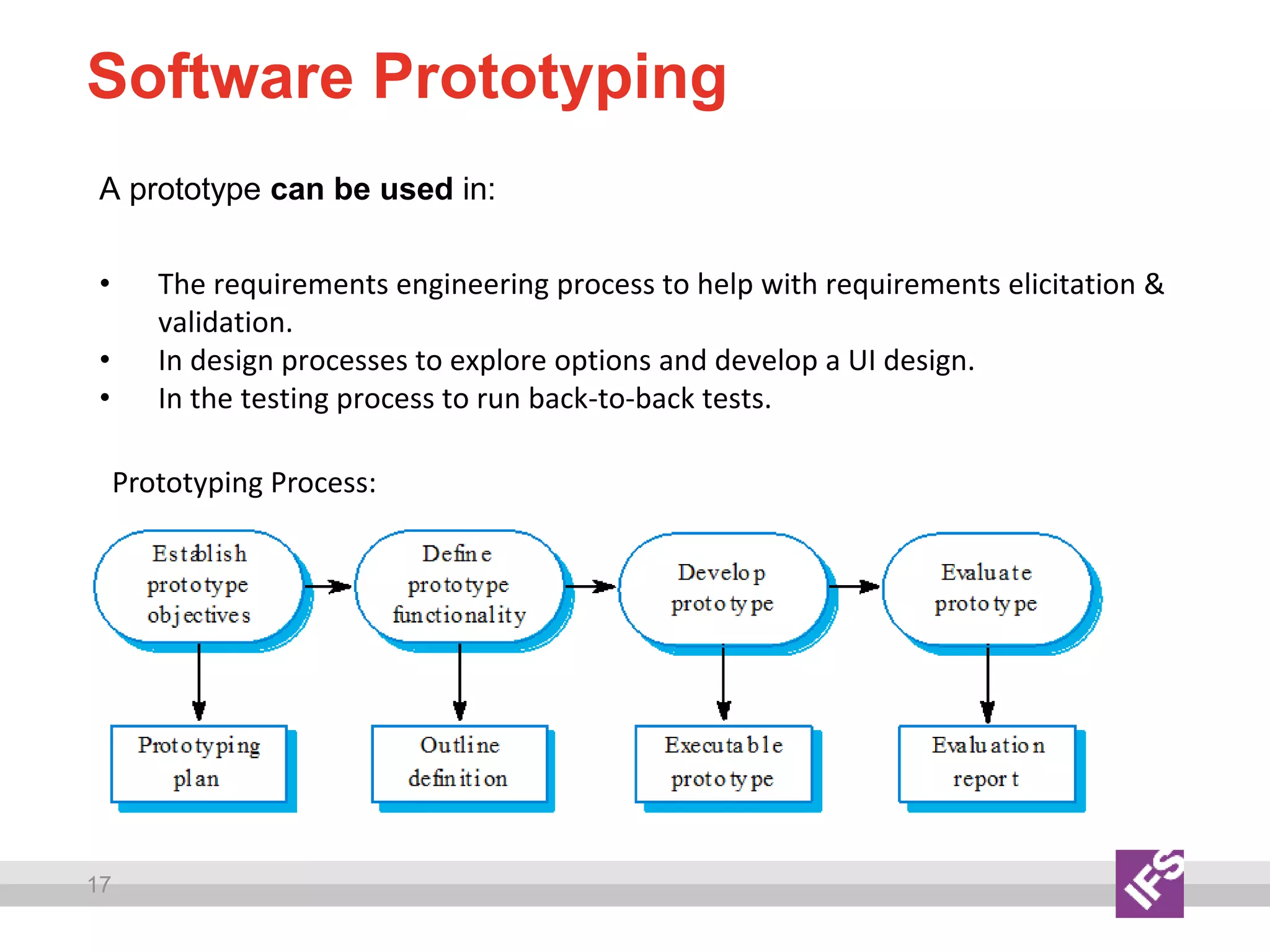 17
Software Prototyping
A prototype can be used in:
• The requirements engineering process to help with requirements elicitation &
validation.
• In design processes to explore options and develop a UI design.
• In the testing process to run back-to-back tests.
Prototyping Process:
 