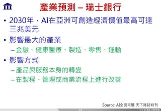 產業預測 – 瑞士銀行
• 2030年，AI在亞洲可創造經濟價值最高可達
三兆美元
• 影響最大的產業
–金融、健康醫療、製造、零售、運輸
• 影響方式
–產品與服務本身的轉變
–在製程、管理或商業流程上進行改善
19
Source: AI全面來襲 天下雜誌特刊
 