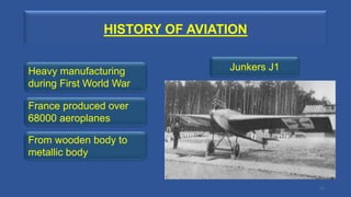 HISTORY OF AVIATION
11
Heavy manufacturing
during First World War
France produced over
68000 aeroplanes
From wooden body to
metallic body
Junkers J1
 