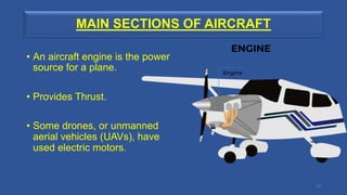 MAIN SECTIONS OF AIRCRAFT
• An aircraft engine is the power
source for a plane.
• Provides Thrust.
• Some drones, or unmanned
aerial vehicles (UAVs), have
used electric motors.
19
 
