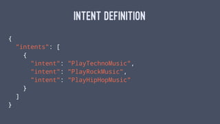 INTENT DEFINITION
{
"intents": [
{
"intent": "PlayTechnoMusic",
"intent": "PlayRockMusic",
"intent": "PlayHipHopMusic"
}
]
}
 