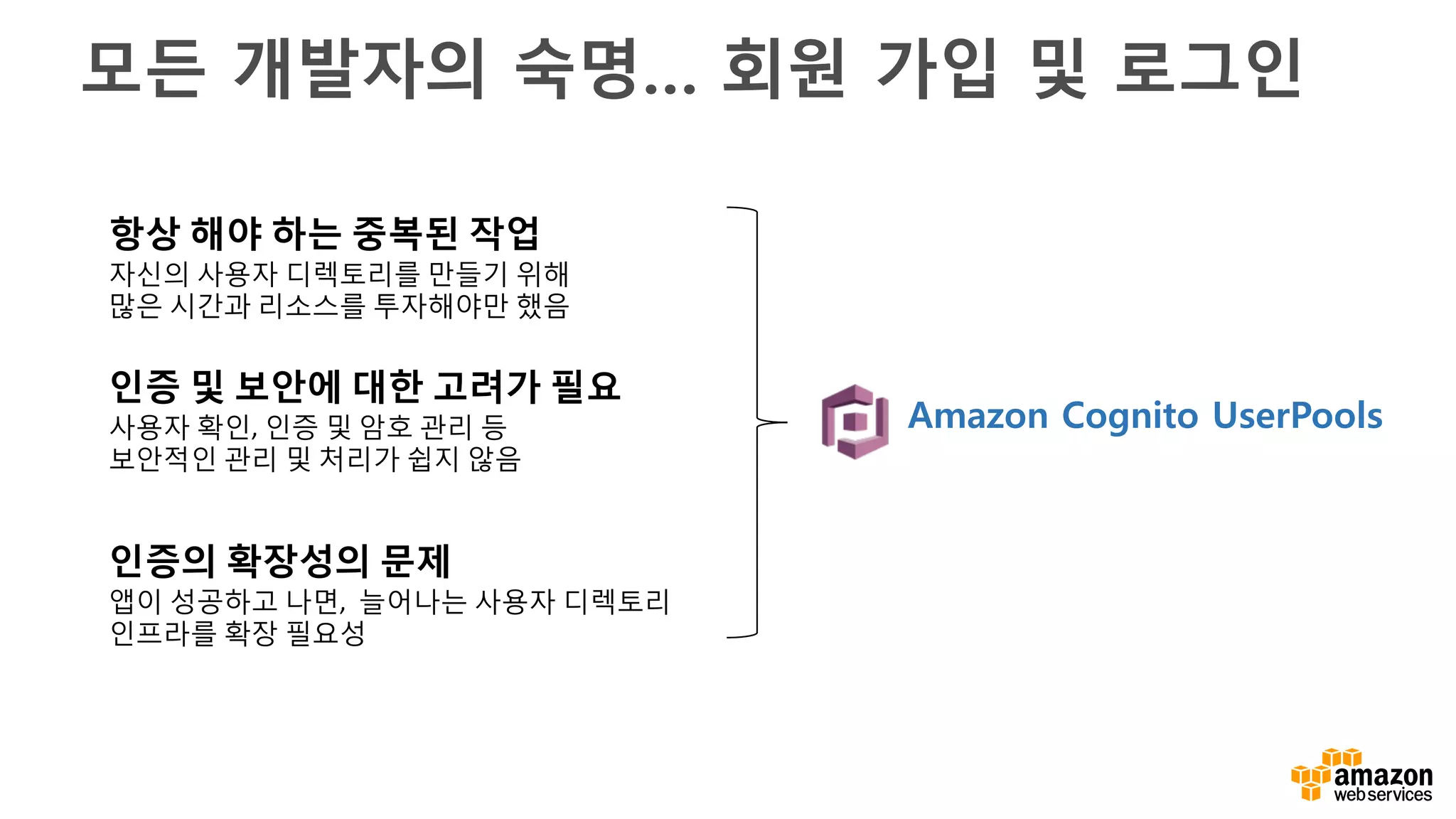 모든 개발자의 숙명… 회원 가입 및 로그인
항상 해야 하는 중복된 작업
자신의 사용자 디렉토리를 만들기 위해
많은 시간과 리소스를 투자해야만 했음
인증 및 보안에 대한 고려가 필요
사용자 확인, 인증 및 암호 관리 등
보안적인 관리 및 처리가 쉽지 않음
인증의 확장성의 문제
앱이 성공하고 나면, 늘어나는 사용자 디렉토리
인프라를 확장 필요성
Amazon Cognito UserPools
 