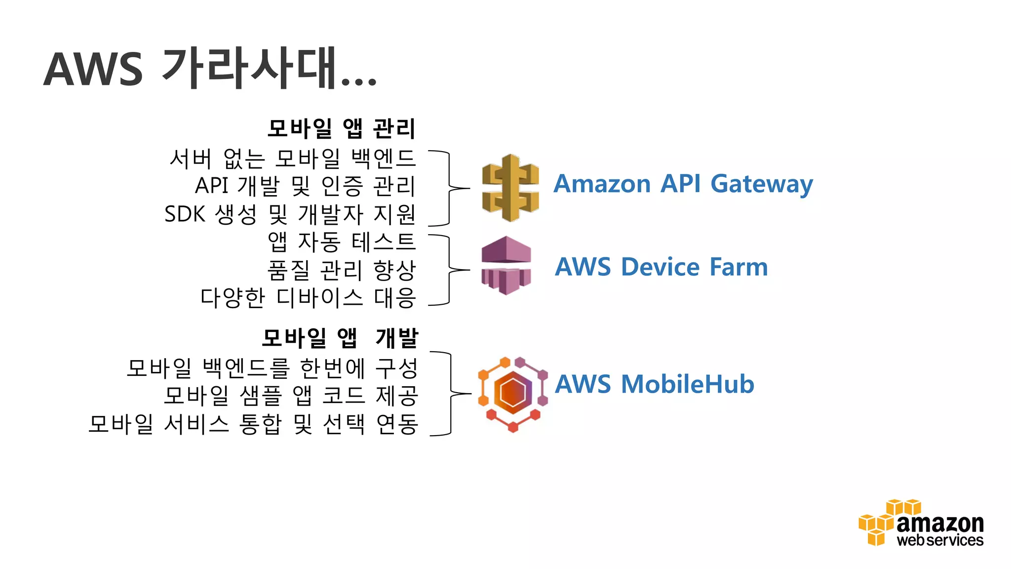 v
AWS 가라사대…
모바일 앱 관리
서버 없는 모바일 백엔드
API 개발 및 인증 관리
SDK 생성 및 개발자 지원
앱 자동 테스트
품질 관리 향상
다양한 디바이스 대응
AWS Device Farm
Amazon API Gateway
모바일 앱 개발
모바일 백엔드를 한번에 구성
모바일 샘플 앱 코드 제공
모바일 서비스 통합 및 선택 연동
AWS MobileHub
 