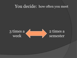 You decide:how often you meet3 times a week2 times a semester