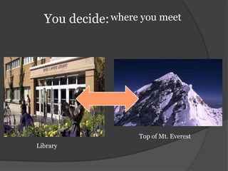 where you meetYou decide:Top of Mt. EverestLibrary