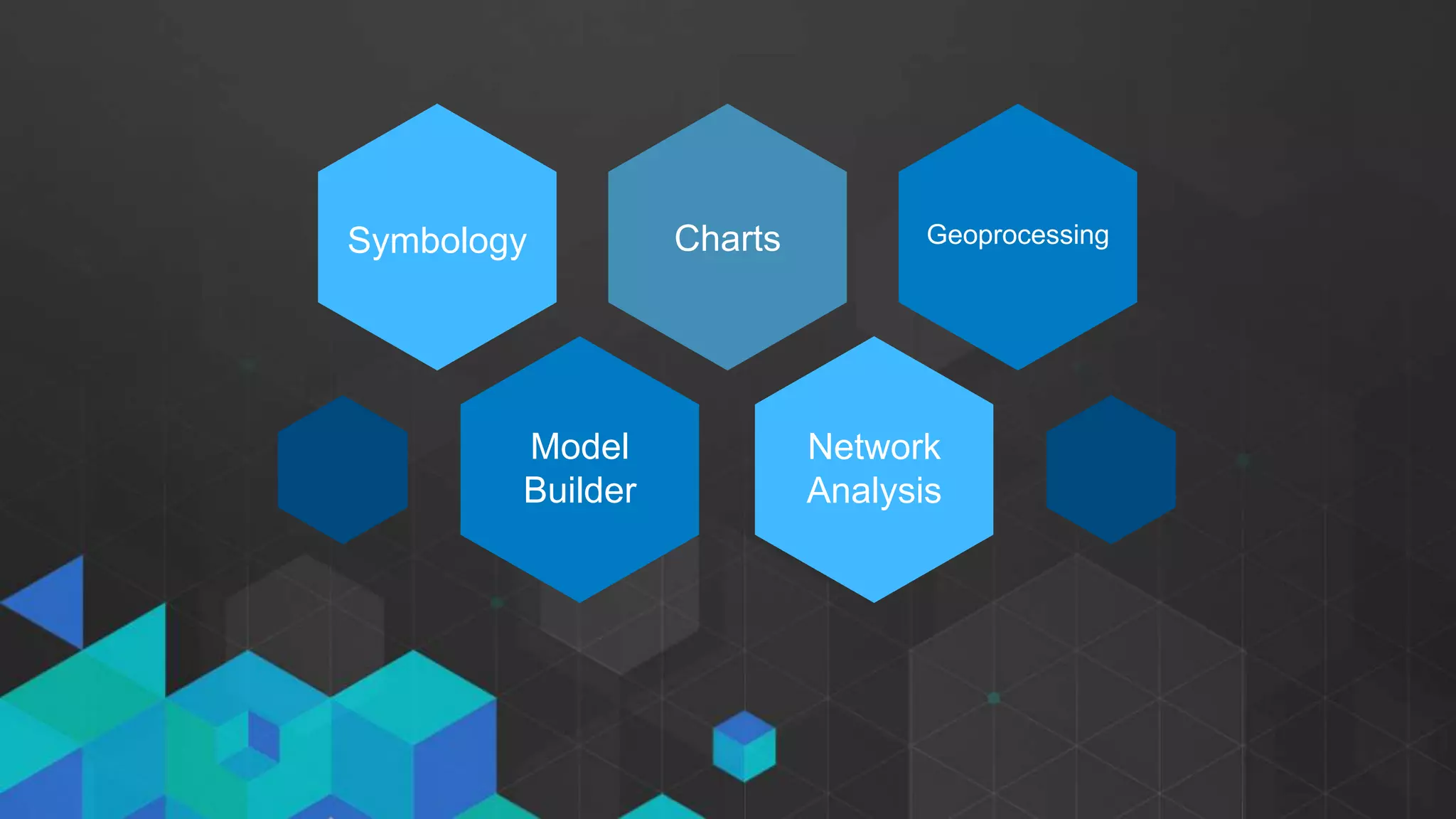 Symbology Charts
Model
Builder
Geoprocessing
Network
Analysis
 