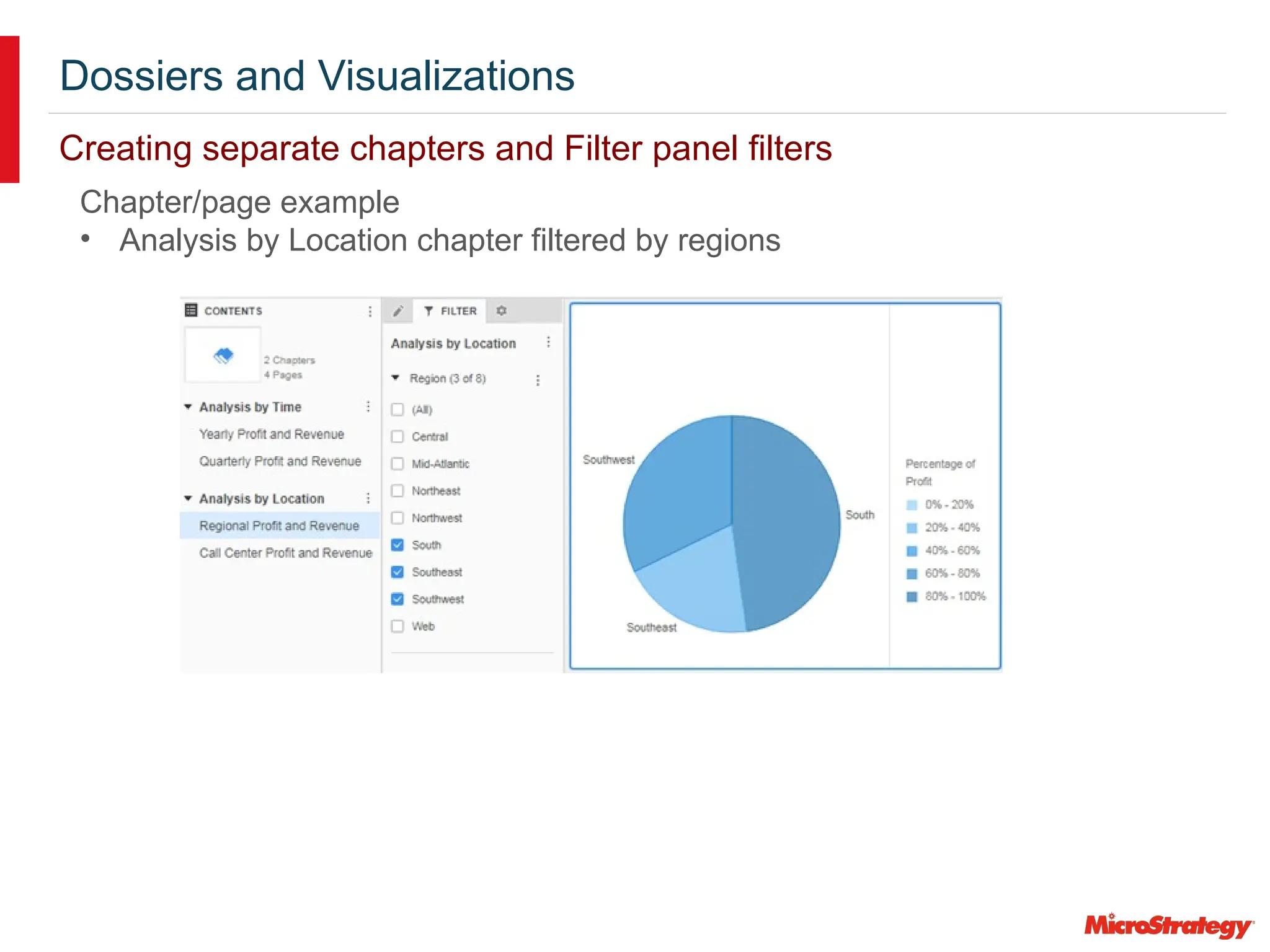 Dossiers and Visualizations
Creating separate chapters and Filter panel filters
Chapter/page example
• Analysis by Location chapter filtered by regions
 