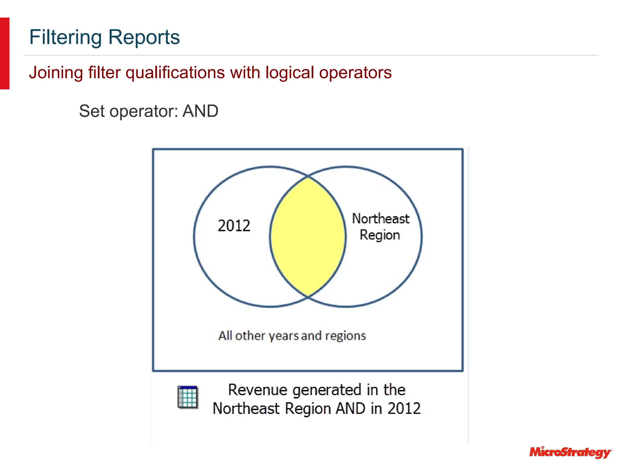 Filtering Reports
Joining filter qualifications with logical operators
Set operator: AND
 