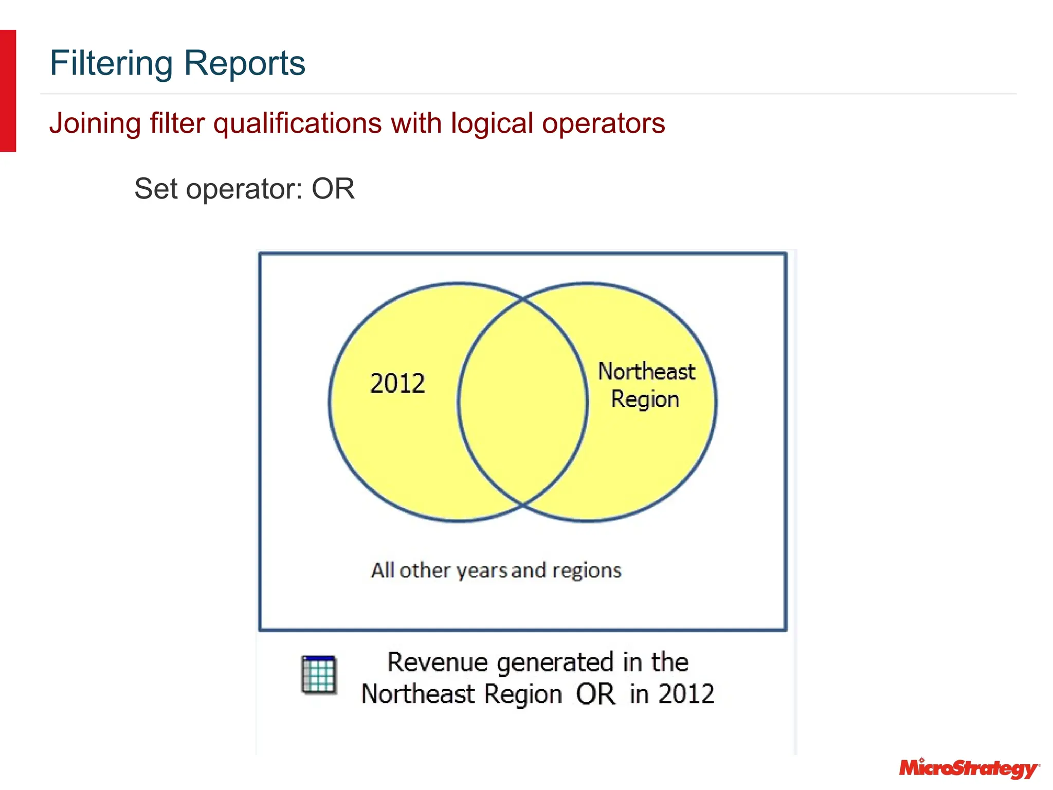 Filtering Reports
Joining filter qualifications with logical operators
Set operator: OR
 