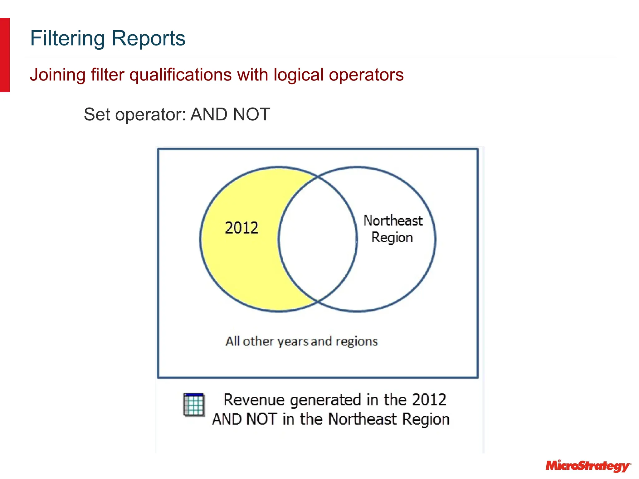 Filtering Reports
Joining filter qualifications with logical operators
Set operator: AND NOT
 