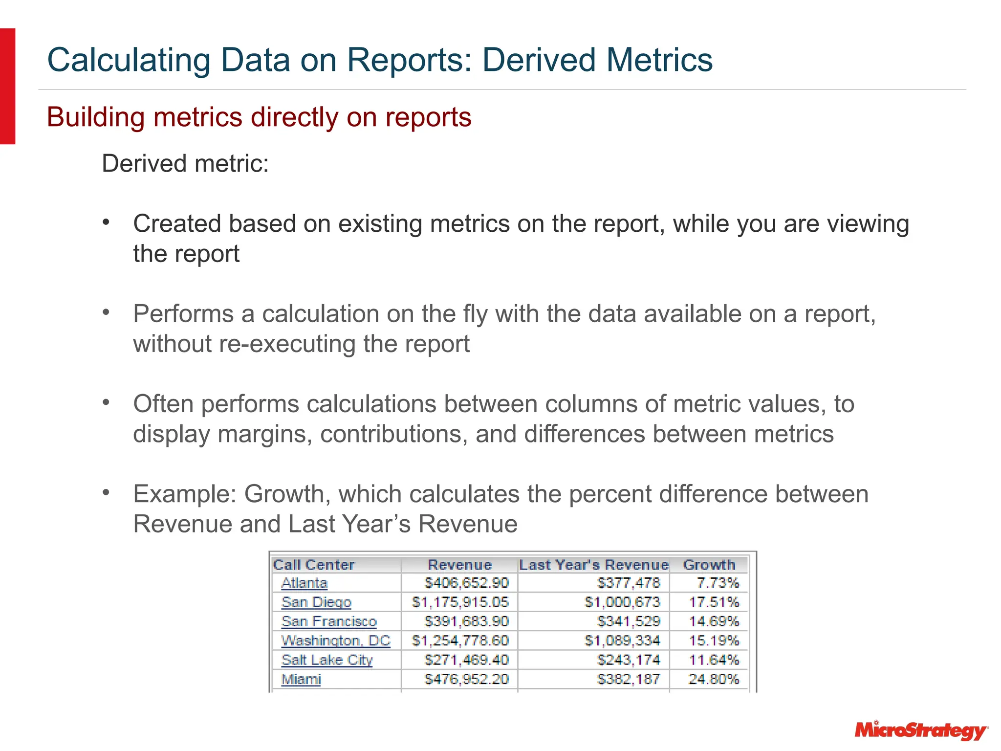 Calculating Data on Reports: Derived Metrics
Building metrics directly on reports
Derived metric:
• Created based on existing metrics on the report, while you are viewing
the report
• Performs a calculation on the fly with the data available on a report,
without re-executing the report
• Often performs calculations between columns of metric values, to
display margins, contributions, and differences between metrics
• Example: Growth, which calculates the percent difference between
Revenue and Last Year’s Revenue
 