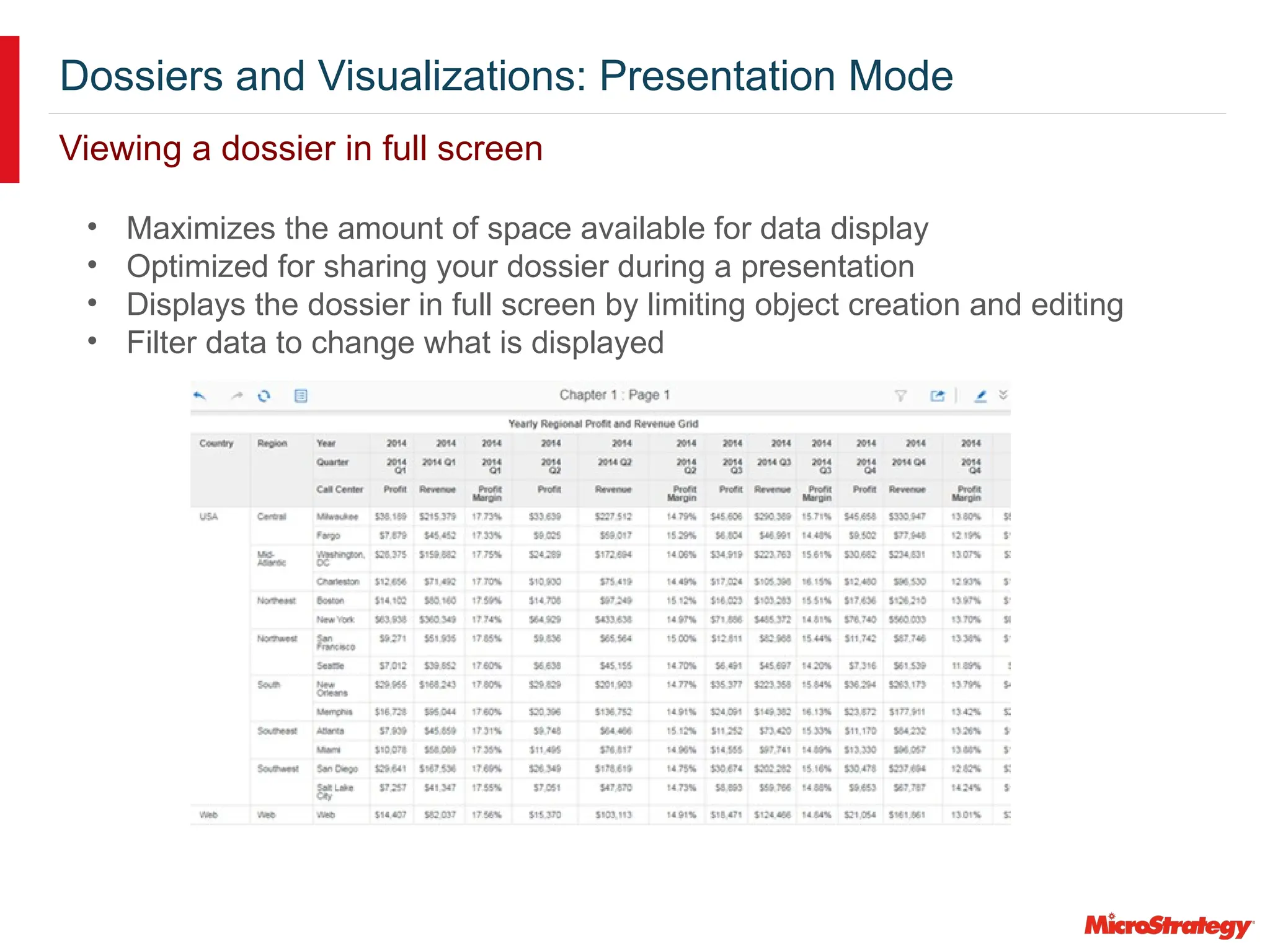 Dossiers and Visualizations: Presentation Mode
Viewing a dossier in full screen
• Maximizes the amount of space available for data display
• Optimized for sharing your dossier during a presentation
• Displays the dossier in full screen by limiting object creation and editing
• Filter data to change what is displayed
 