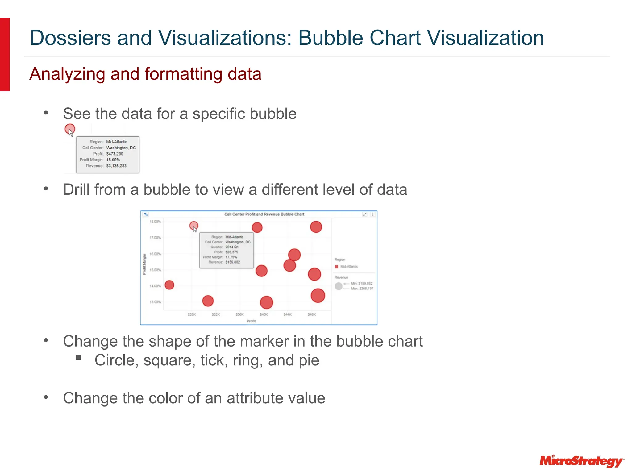 Dossiers and Visualizations: Bubble Chart Visualization
Analyzing and formatting data
• See the data for a specific bubble
• Drill from a bubble to view a different level of data
• Change the shape of the marker in the bubble chart
 Circle, square, tick, ring, and pie
• Change the color of an attribute value
 