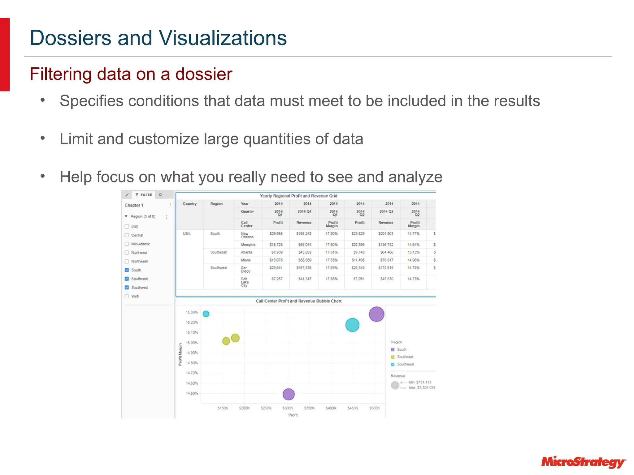Dossiers and Visualizations
Filtering data on a dossier
• Specifies conditions that data must meet to be included in the results
• Limit and customize large quantities of data
• Help focus on what you really need to see and analyze
 
