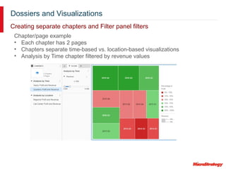 Dossiers and Visualizations
Creating separate chapters and Filter panel filters
Chapter/page example
• Each chapter has 2 pages
• Chapters separate time-based vs. location-based visualizations
• Analysis by Time chapter filtered by revenue values
 