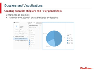 Dossiers and Visualizations
Creating separate chapters and Filter panel filters
Chapter/page example
• Analysis by Location chapter filtered by regions
 