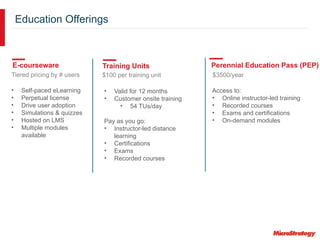 Education Offerings
Perennial Education Pass (PEP)
Training Units
E-courseware
• Self-paced eLearning
• Perpetual license
• Drive user adoption
• Simulations & quizzes
• Hosted on LMS
• Multiple modules
available
• Valid for 12 months
• Customer onsite training
• 54 TUs/day
Pay as you go:
• Instructor-led distance
learning
• Certifications
• Exams
• Recorded courses
Access to:
• Online instructor-led training
• Recorded courses
• Exams and certifications
• On-demand modules
Tiered pricing by # users $100 per training unit $3500/year
 