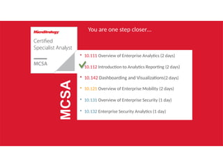 You are one step closer…
• 10.111 Overview of Enterprise Analytics (2 days)
• 10.112 Introduction to Analytics Reporting (2 days)
• 10.142 Dashboarding and Visualizations(2 days)
• 10.121 Overview of Enterprise Mobility (2 days)
• 10.131 Overview of Enterprise Security (1 day)
• 10.132 Enterprise Security Analytics (1 day)
MCSA
 