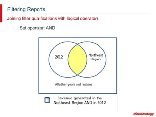 Filtering Reports
Joining filter qualifications with logical operators
Set operator: AND
 