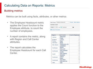 Calculating Data on Reports: Metrics
Building metrics
• The Employee Headcount metric
applies the Count function to the
Employee attribute, to count the
number of employees.
• A report contains the metric, along
with Region and Call Center
attributes.
• The report calculates the
Employee Headcount for each Call
Center.
Metrics can be built using facts, attributes, or other metrics
 