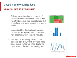 Dossiers and Visualizations
Displaying data as a visualization
• Quickly grasp the state and impact of
many variables at one time, using a heat
map that displays data as rectangles that
are colored and sized according to metric
values
• Understand the distribution of numeric
data with a histogram, which captures
how data falls within specific intervals
• Interpret the frequency distribution of
data in a box plot, which provides more
detail than a histogram while displaying
multiple sets of data in the same graph
 