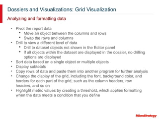 Dossiers and Visualizations: Grid Visualization
Analyzing and formatting data
• Pivot the report data
 Move an object between the columns and rows
 Swap the rows and columns
• Drill to view a different level of data
 Drill to dataset objects not shown in the Editor panel
 If all objects within the dataset are displayed in the dossier, no drilling
options are displayed
• Sort data based on a single object or multiple objects
• Display subtotals
• Copy rows of data and paste them into another program for further analysis
• Change the display of the grid, including the font, background color, and
borders for each part of the grid, such as the column headers, row
headers, and so on
• Highlight metric values by creating a threshold, which applies formatting
when the data meets a condition that you define
 
