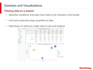 Dossiers and Visualizations
Filtering data on a dossier
• Specifies conditions that data must meet to be included in the results
• Limit and customize large quantities of data
• Help focus on what you really need to see and analyze
 