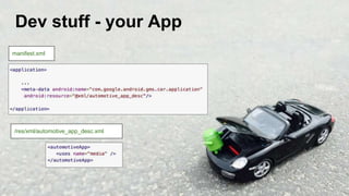 /res/xml/automotive_app_desc.xml
manifest.xml
Dev stuff - your App
 